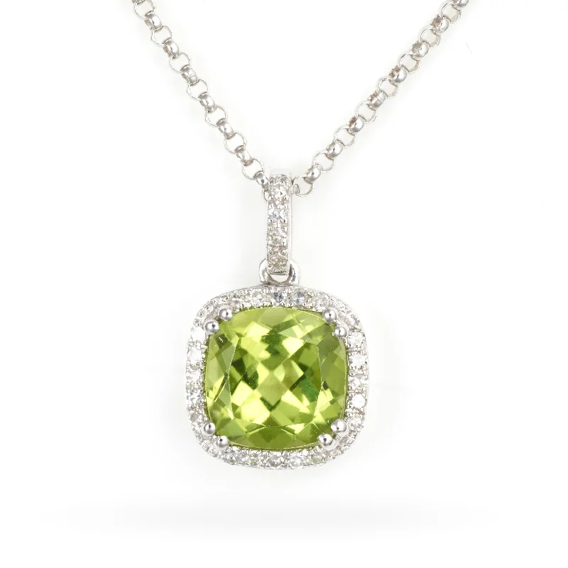 14k White Gold Peridot Pendant with a Diamond Halo