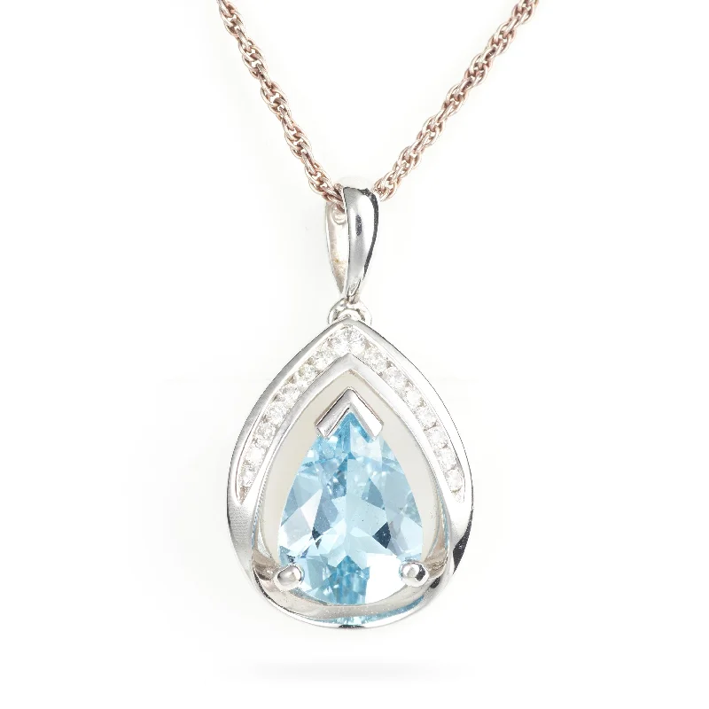 Custom-Made Pear Shape Aquamarine Diamond Pendant in 14k White Gold