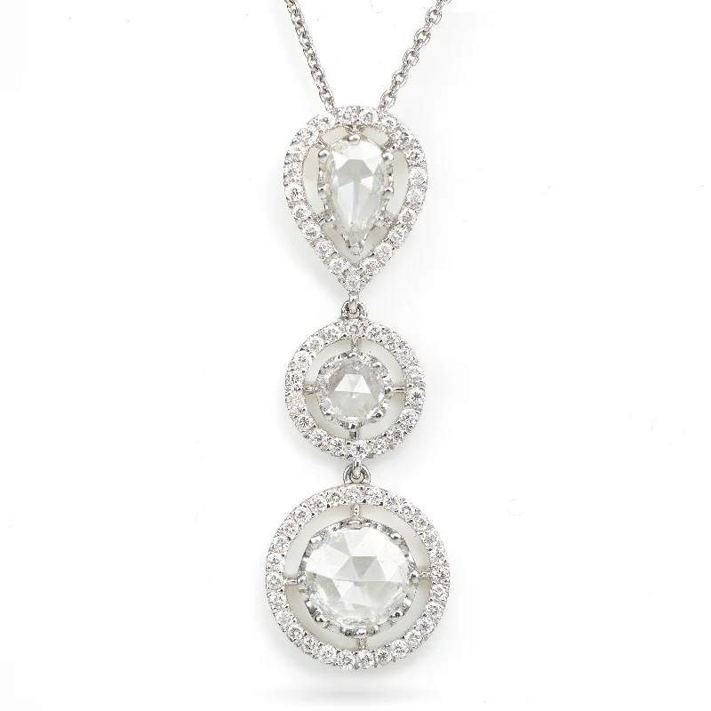 Custom-Made Platinum 3-Stone Halo Diamond Pendant