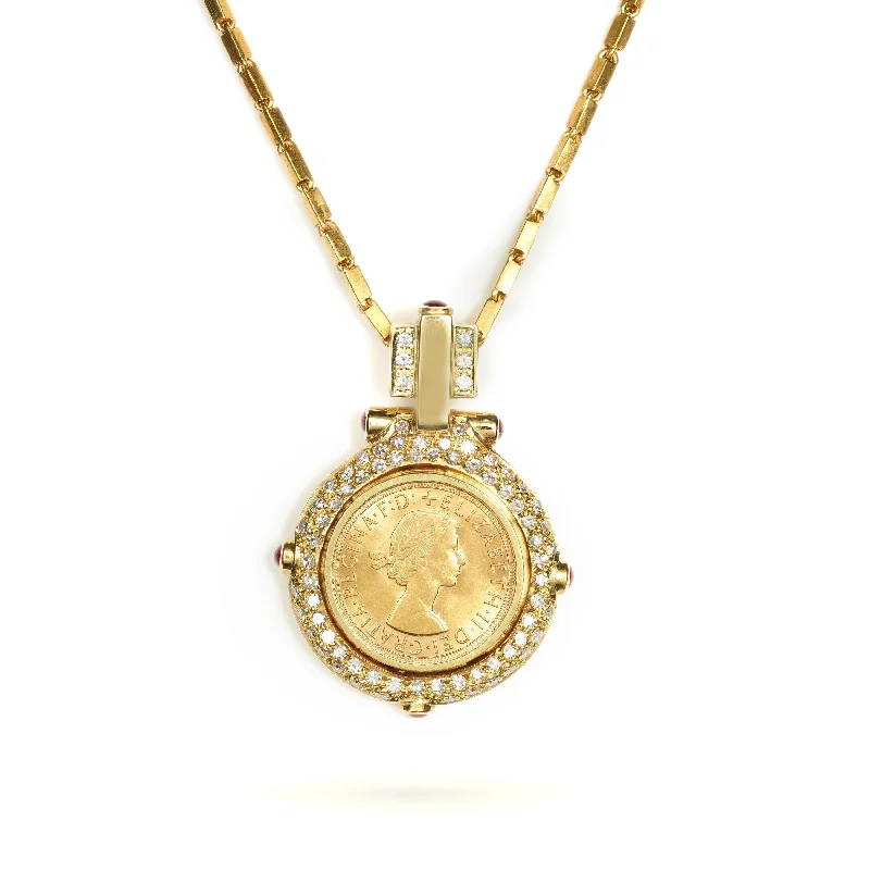 Statement 14k Yellow Gold Coin Pendant Necklace with Diamonds and Rubies