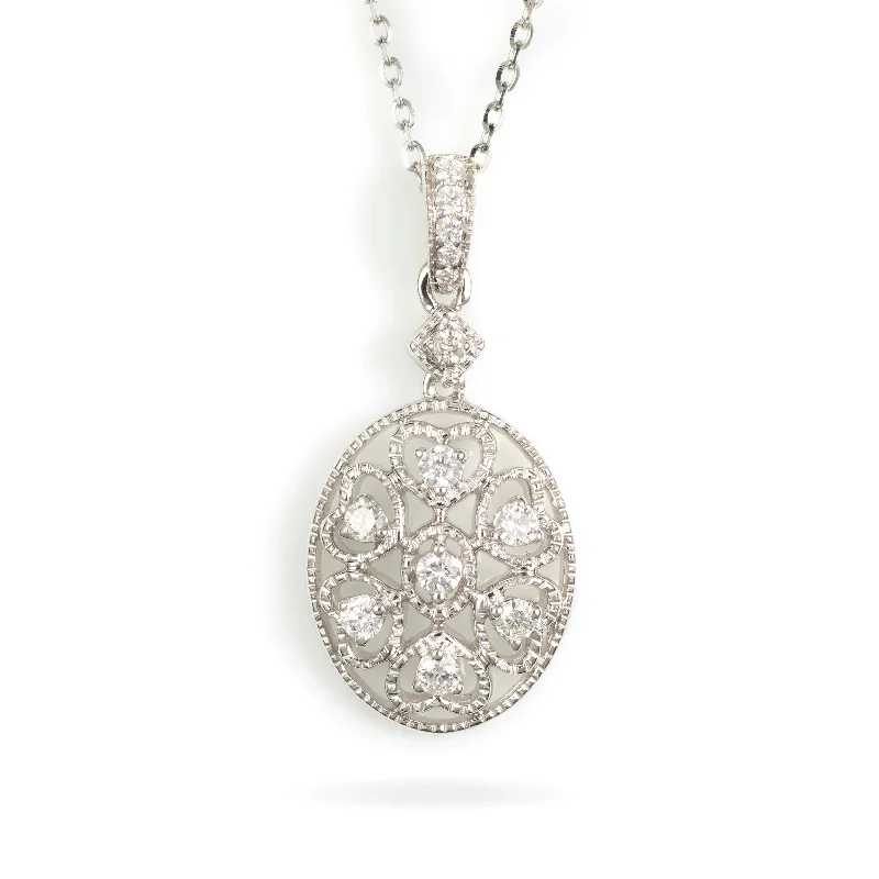 Filigree Diamond Oval Pendant Necklace in 18k White Gold