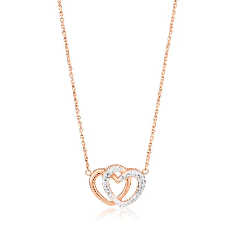 Rose Gold Plated Stainless Steel Crystal Double Heart Pendant with 43cm + 6.5cm Chain