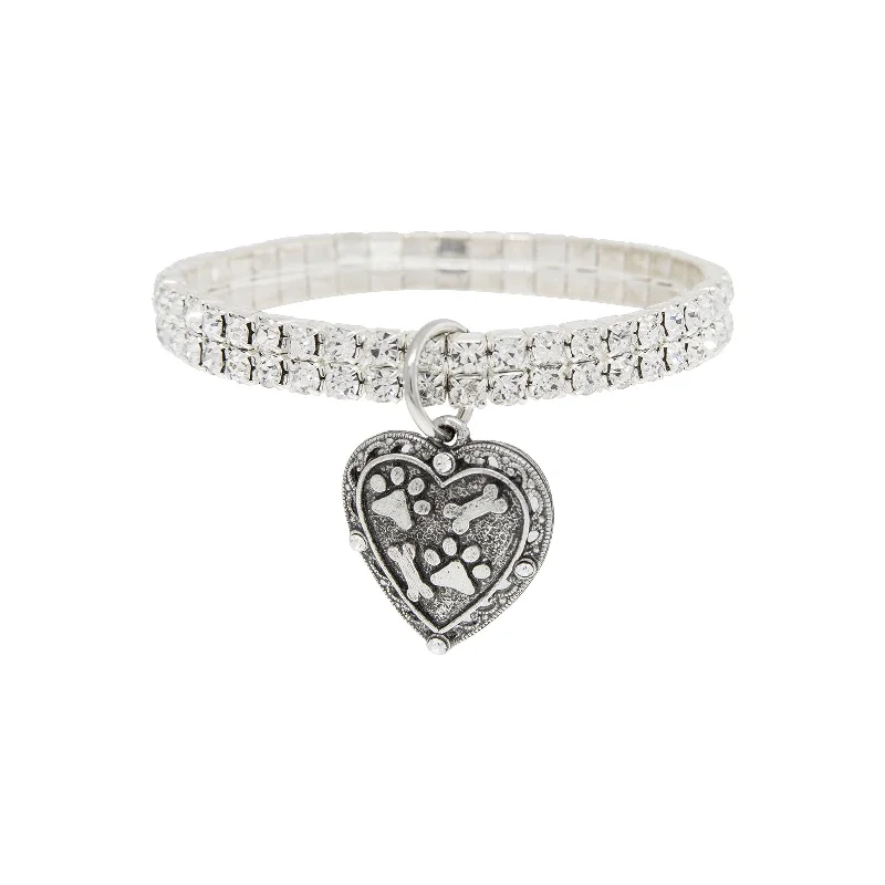 1928 Jewelry® Silvertone Two Row Crystal Stretch Bracelet With Paw And Bones Heart Charm