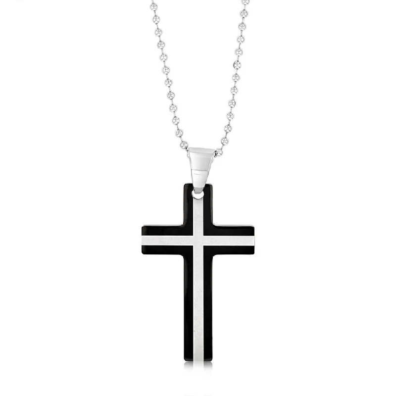 Stainless Steel Black And Silver Two Tone Cross Pendant On 60.9cm Ball Chain