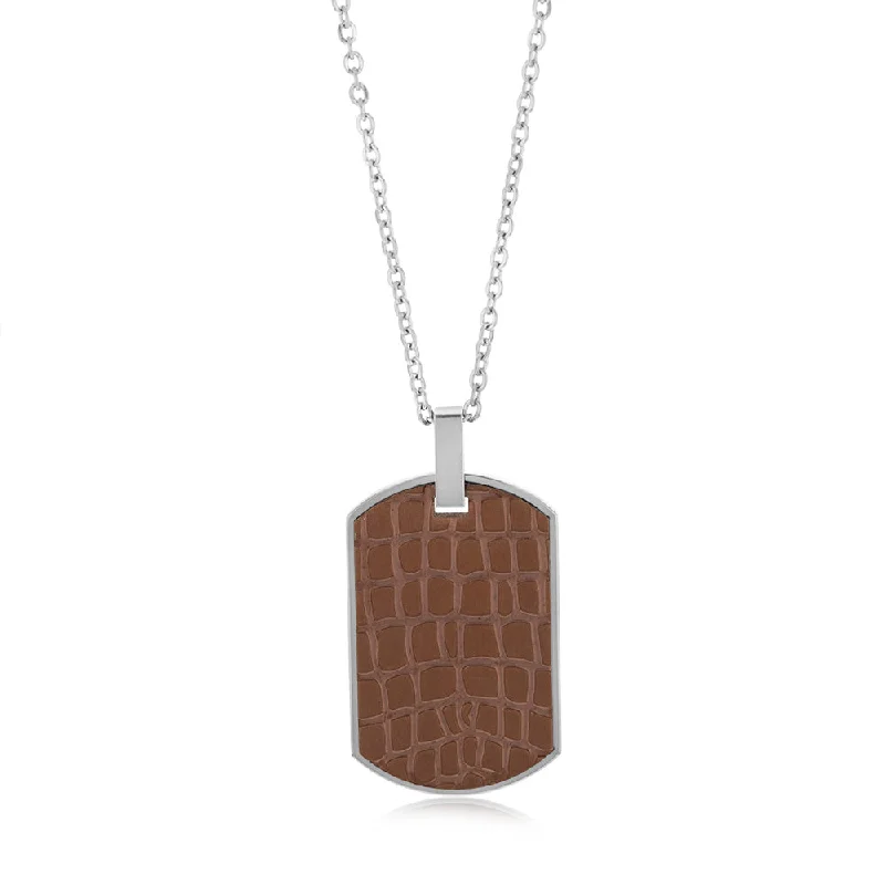 Stainless Steel Chocolate Colour Leather Look Dog Tag Pendant On Chain