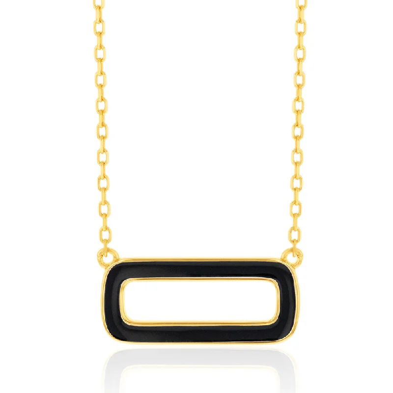 Sterling Silver Gold Plated Black Enamel Rectangle Pendant On 45.5cm Chain