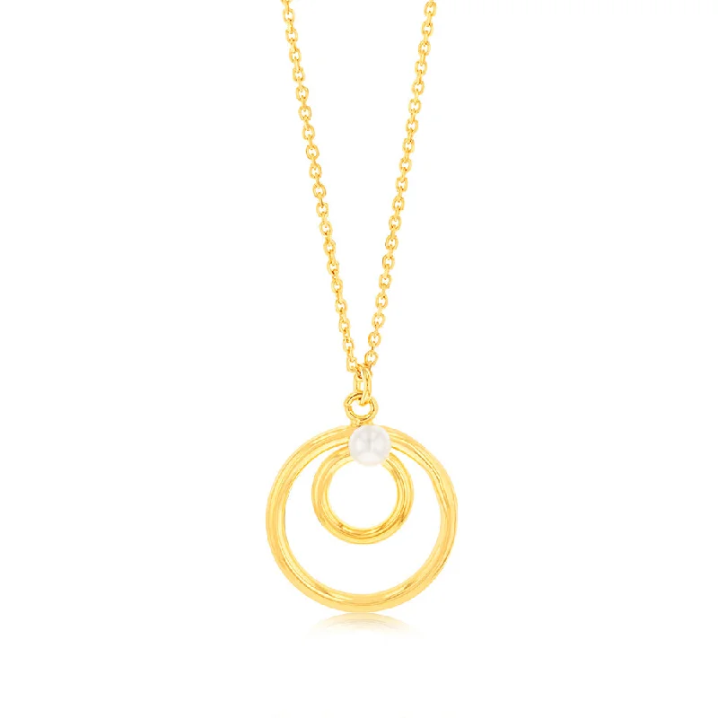 Sterling Silver Gold Plated Double Circle Synthetic Pearl Pendant on 45cm Chain