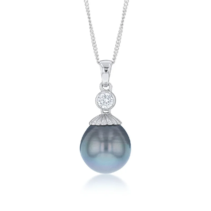 Sterling Silver Tahitian Pearl & Zirconia Pendant with 45cm Sterling Silver Chain