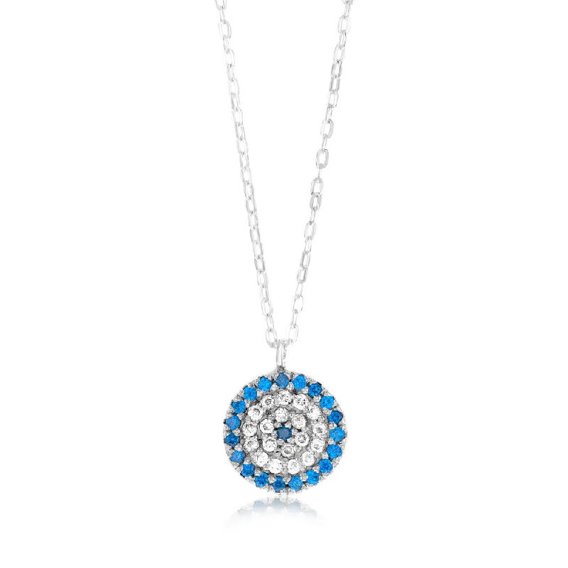 Sterling Silver White And Blue Round Pendant On 45cm Chain